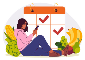 Woman sits with a smartphone near various fruits and vegetables, large calendar in background with check marks, flat style on white background. Concept of planning healthy eating. Vector illustration
