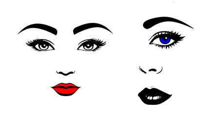 vector illustration of female faces highlighting eyes, lips, and nose on white background