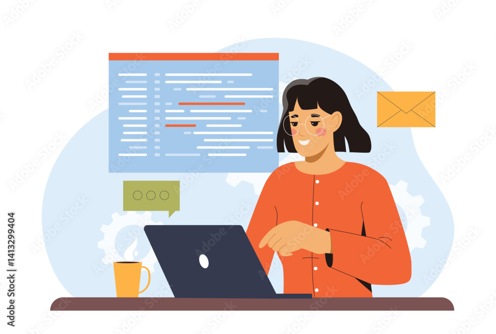 Poster smiling female programmer working on a laptop with code on a screen, flat graphic style, on white an
