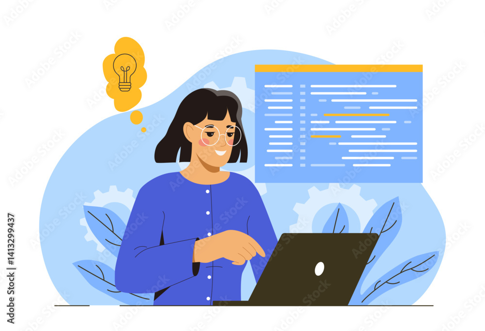 Poster smiling female programmer working on a laptop with code on a screen, flat graphic style, on white an