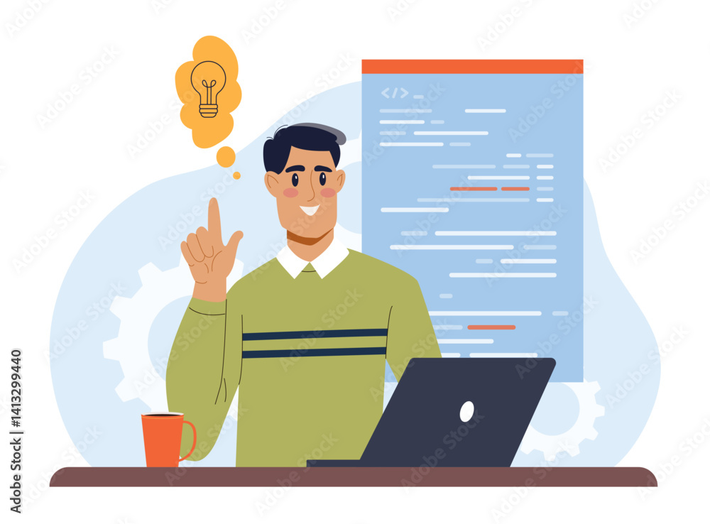 Poster a smiling male programmer has a lightbulb idea while working on a laptop, with code on screen, flat 