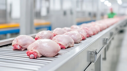 Fresh chicken pieces move down a metal conveyor belt in a food processing plant, ready for further processing and packaging in a controlled environment.
