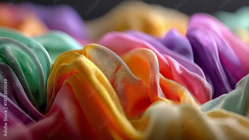 Poster vibrant multicolored translucent fabric in soft folds, blending rainbow shades in an abstract flow