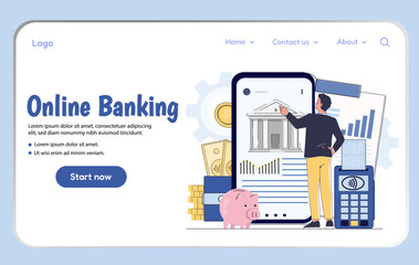 Man interacting with large smartphone displaying banking app interface, surrounded by financial icons, on white background. Concept of digital finance. Vector illustration