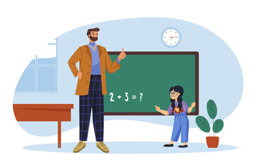 Fototapeta premium A teacher and student standing near a chalkboard with a simple math problem in a classroom setting, flat graphic style, light blue background. Concept of education. Vector illustration
