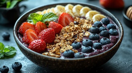 AÃ§aÃ­ Bowl Topped with Fresh Strawberries, Blueberries, Banana Slices, Granola, and Mint Sprig