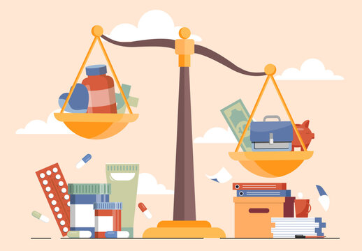 A scale weighing medicine bottles and pills on one side, and money, a piggy bank, and office items on the other, flat style, pastel background. Concept of healthcare cost. Vector illustration