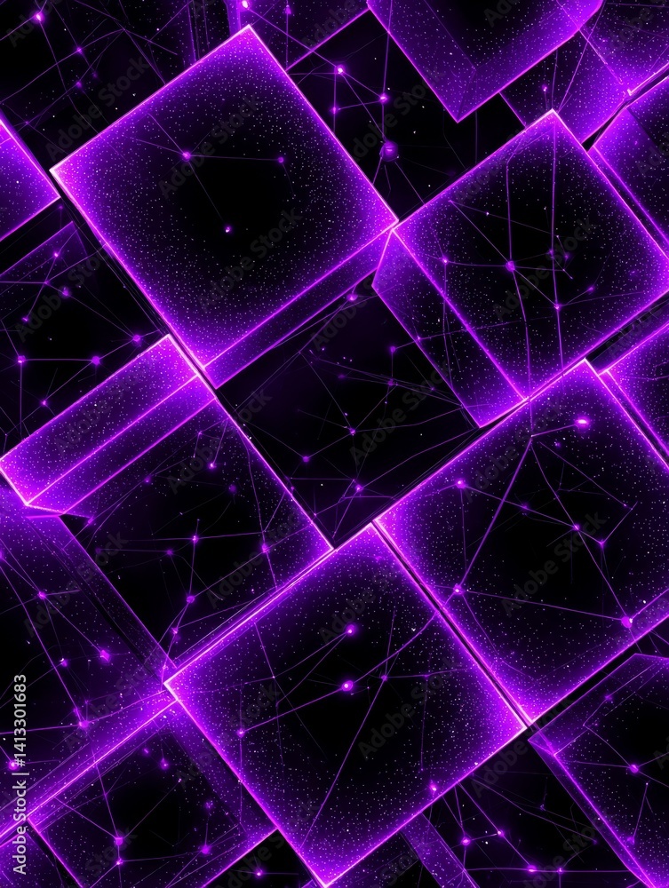Poster purple geometric cube network - abstract of glowing purple cubes connected by thin lines on a black 