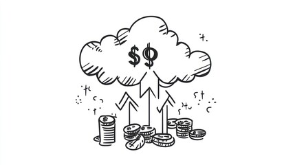 Hand-drawn illustration of cloud computing and money. Possible use stock photo for business, finance, or technology concepts
