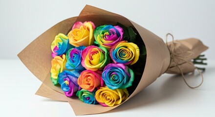 A vibrant bouquet of multicolored roses wrapped in simple paper, showcasing the beauty of nature.