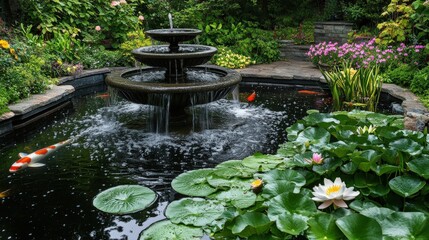 Fototapeta premium A beautiful garden featuring a tiered fountain and a koi pond