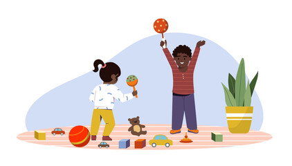 Two young children joyfully playing with toys on the floor, flat cartoon style, indoor setting with soft pastel background, concept of childhood fun. Vector illustration