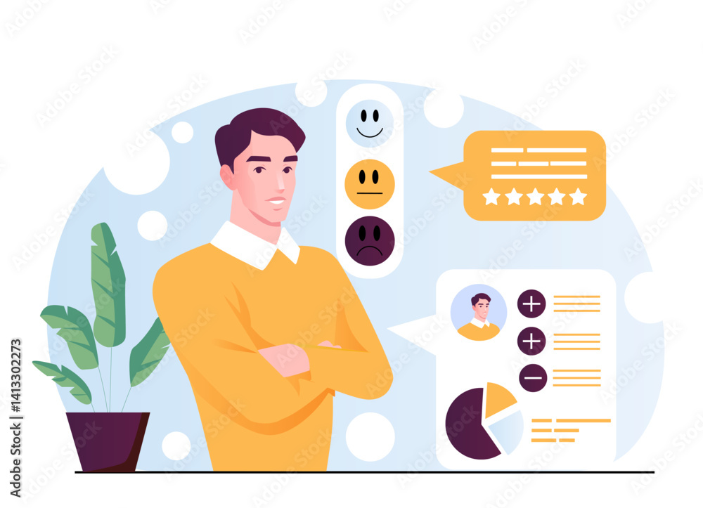 Poster man receiving performance review with rating icons, speech bubbles, and charts in flat style on abst