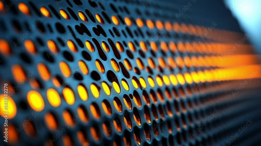 Poster glowing patterned metal panel. close-up view of a textured metal panel with circular perforations re