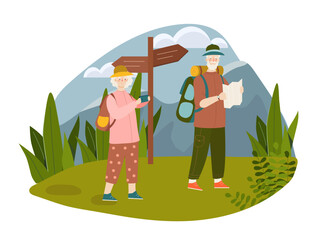 Elderly couple hiking in the mountains, surrounded by greenery, one reading a map and the other holding a camera, flat cartoon style on white background. Vector illustration