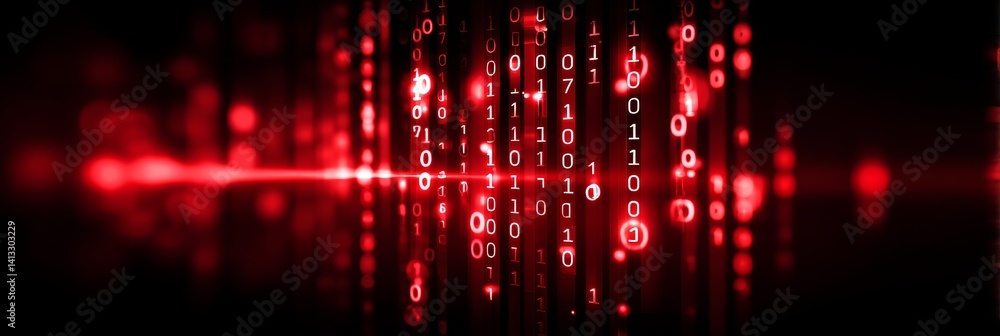 Poster red matrix code stream - abstract code, binary data, network stream, technology concept, red matrix 