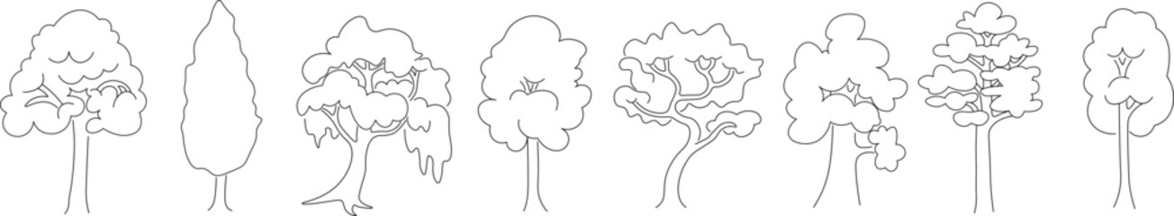 linear tree's collection in doodle style. Objects for design, logo, print, icon, landscape, coloring, background, sticker, postcard.