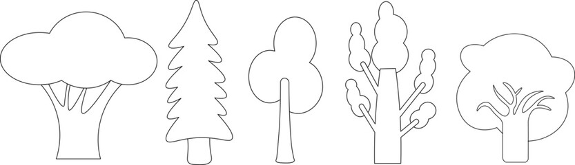 linear tree's collection in doodle style. Objects for design, logo, print, icon, landscape, coloring, background, sticker, postcard.