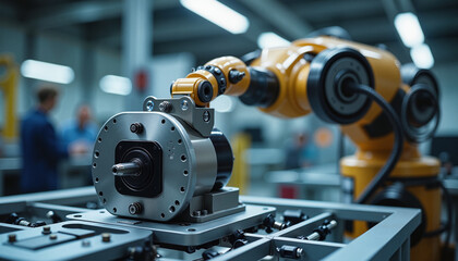 Robotic arm assembling motors in electric factory, industrial efficiency