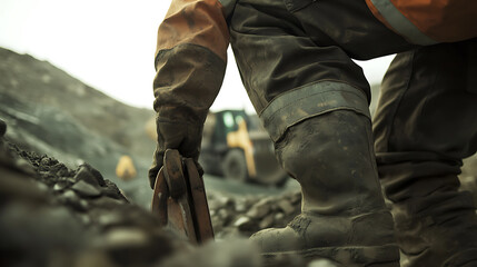 Mining worker preparing excavation tools at a mining site. Featuring tool setup and operational readiness