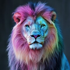 Stunning lion with vibrant rainbow-colored mane and fierce gaze high resolution picture