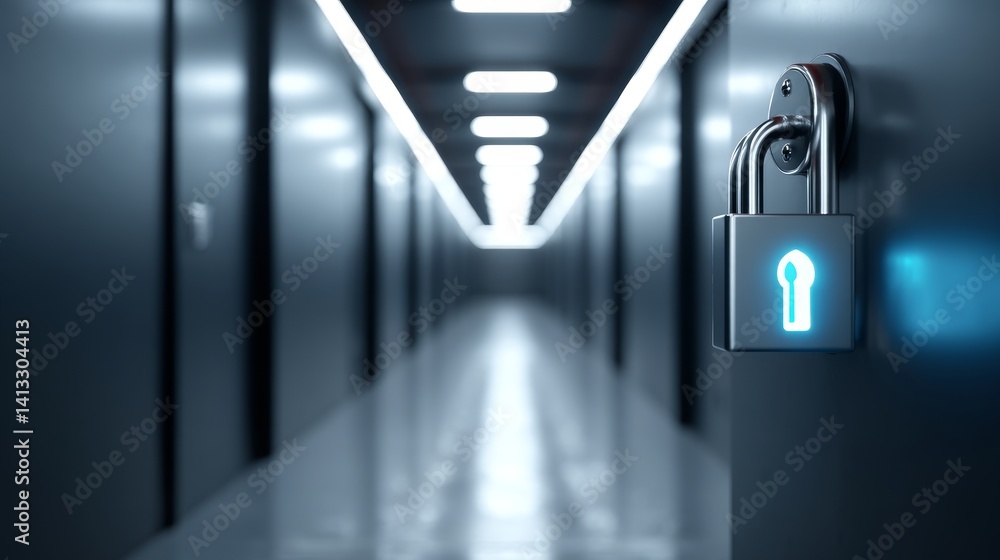 Poster secure data center corridor access - symbolizing data security, physical protection, access control,