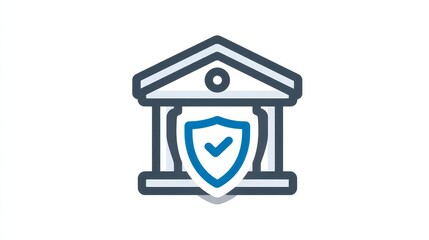 Secure Banking Icon - Icon depicting a bank building with a shield and checkmark, symbolizing financial security and protection