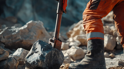 Mining worker removing rocks with a hydraulic jack at a mining site. Featuring manual labor and tool usage