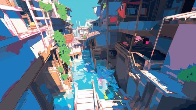 Colorful alleyway canal in a vibrant urban setting flat vector illustration