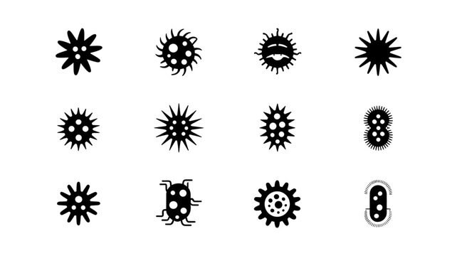 Microbial World: A collection of detailed, high-contrast illustrations showcasing the intricate and diverse shapes and structures of microscopic organisms.