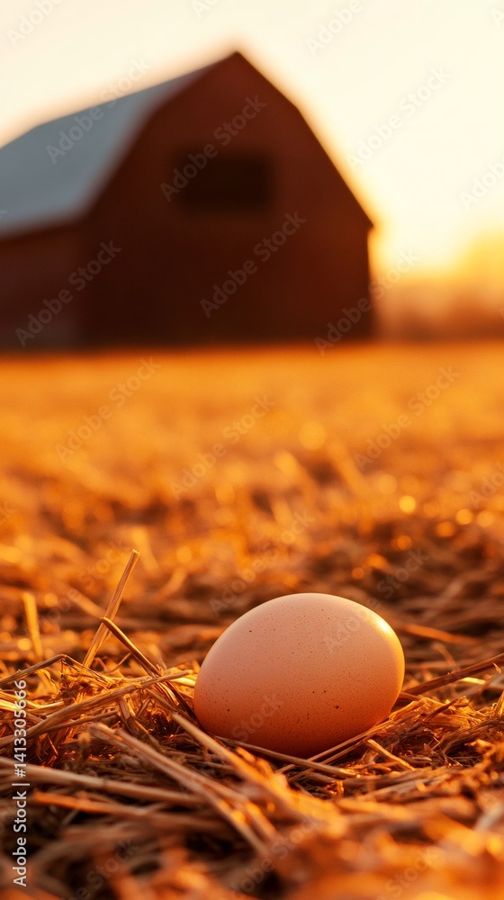 Aufkleber fresh brown egg is lying on straw in a farm at sunset with a blurred chicken coop in the background,