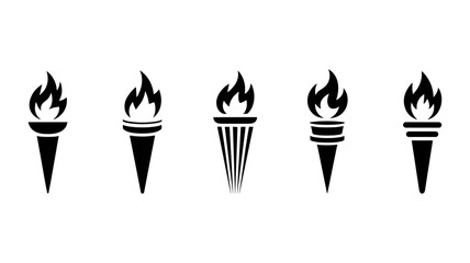 Torch Icon Set:  A versatile collection of five black torch icons, offering distinct design variations,  ideal for website, app, or print project.