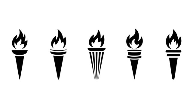 Torch Icon Set:  A versatile collection of five black torch icons, offering distinct design variations,  ideal for website, app, or print project.