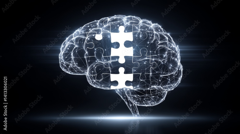 Poster the puzzle of the mind - abstract of a brain formed from interconnected nodes, with a missing puzzle