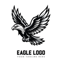Bold Flying Eagle Mascot Logo Design, Customizable Eagle Emblem for Teams, Aggressive Eagle Vector for Branding, Modern Black and White Eagle Art, Powerful Bird Mascot Logo Template