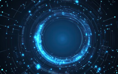 Abstract blue digital network background with glowing circle and connecting lines.