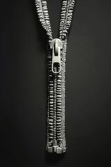 Zipper concept as an open interlocking metal fastener on clothing or garment textile as a symbol for revealing a message or discovery isolated on a white blank background. 