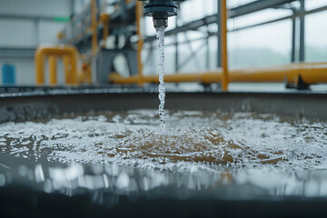 Water treatment process, focusing on the filtration or aeration stage, with a water stream entering a settling basin in an industrial setting.