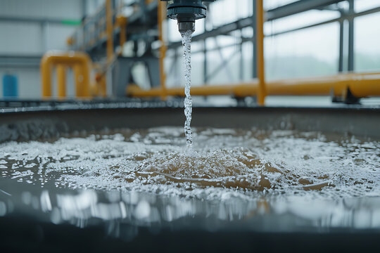 Water treatment process, focusing on the filtration or aeration stage, with a water stream entering a settling basin in an industrial setting.