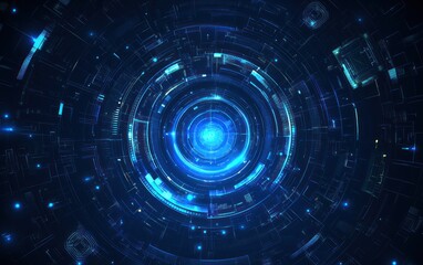 Abstract blue digital background with circular patterns and glowing light in center.