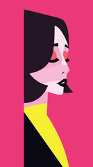 Abstract portrait of young caucasian female in minimalist style on pink background flat vector illustration