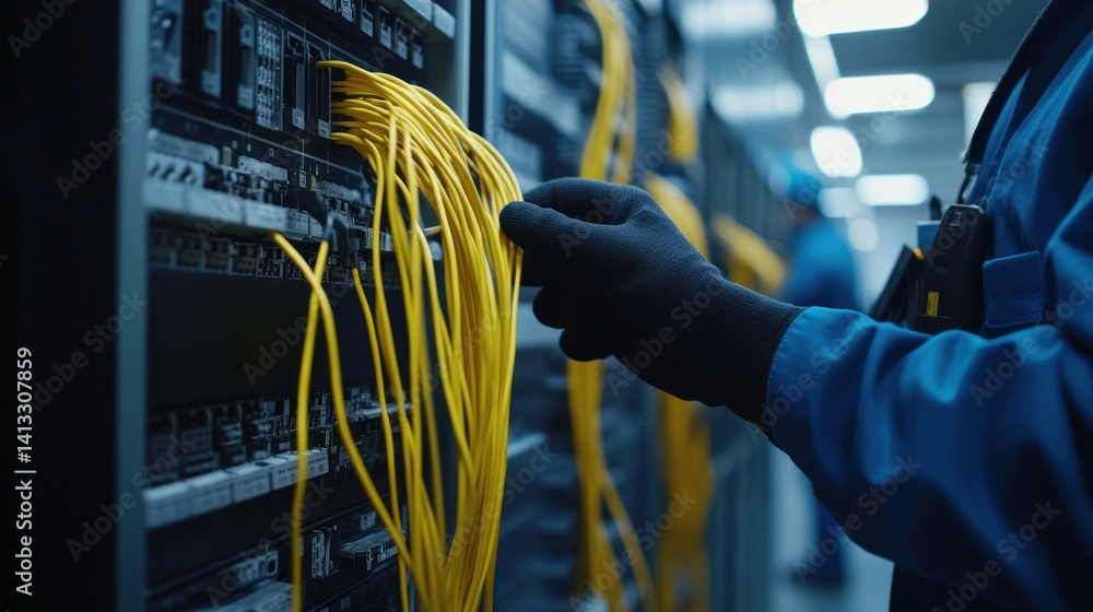 Poster technician working on server rack with yellow cables in data center