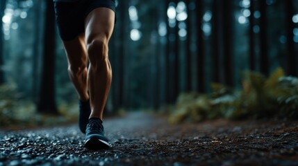 Athlete running on a trail in the forest at dusk