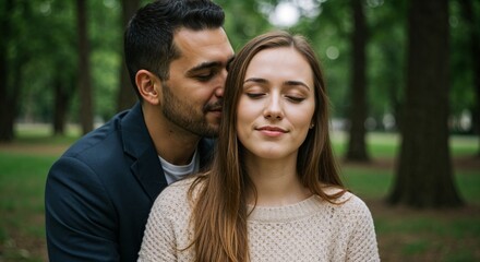 Obraz premium A man whispers in the ear with tenderness to a woman in a serene green forest