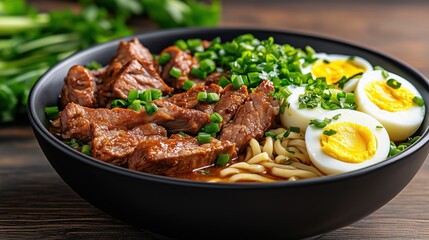 Fototapeta premium Ramen with beef, eggs, noodles, and green onions in black bowl