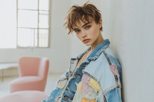 A young woman with short, tousled hair poses against a white wall wearing a patched denim jacket.