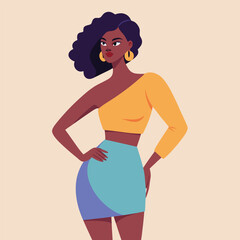 Stylish Black Woman in One Shoulder Top and Mini Skirt
