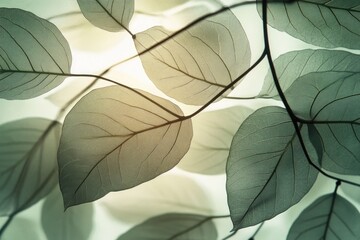 Sunlight filters through delicate translucent leaves, creating ethereal natural pattern. Soft backlight highlights intricate veins, organic shapes, evoking themes of nature, eco-friendliness, serenity