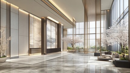 Fototapeta premium Modern, spacious lobby with natural elements. Large windows, sophisticated decor, and a relaxing ambiance