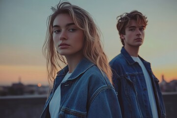 Young woman in denim jacket stands confidently with a blurred man in the background at sunset.
